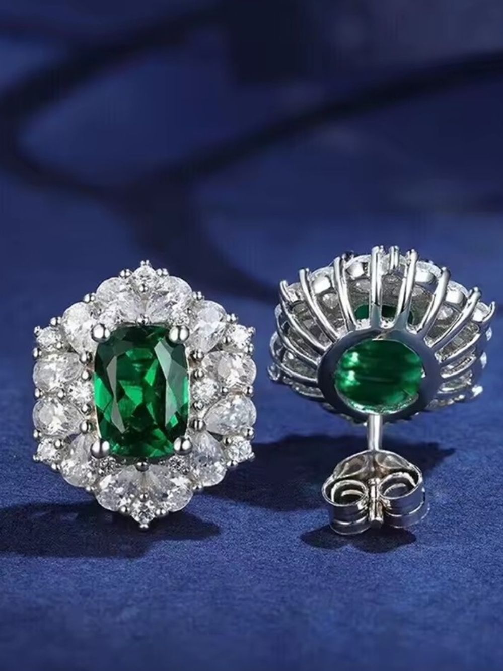 White Rhodium Emerald Green Stud Earrings